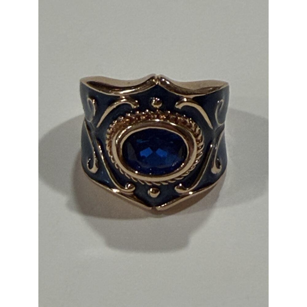 Sterling Silver 925 Blue Stone Oval Enamel Vermeil Cigar Band Ring Size 5.5 - 6